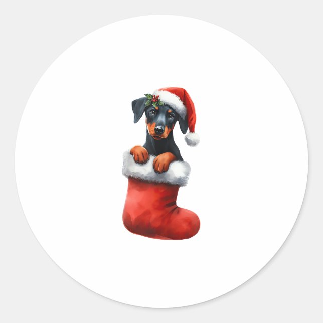 Doberman Pinscher In Sock Christmas Santa Hat Xmas Classic Round Sticker (Front)