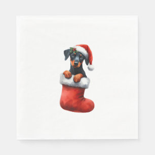 Doberman Pinscher In Sock Christmas Santa Hat Xmas Napkin