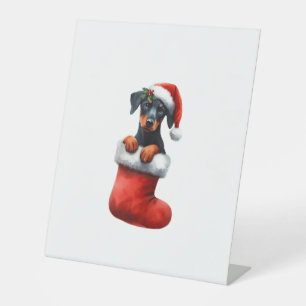 Doberman Pinscher In Sock Christmas Santa Hat Xmas Pedestal Sign