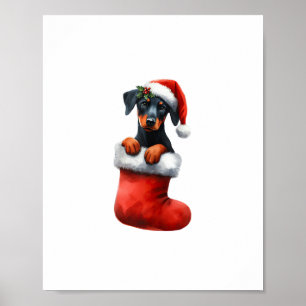 Doberman Pinscher In Sock Christmas Santa Hat Xmas Poster