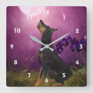 Doberman Pinscher Looking At Moon Animal Art Square Wall Clock