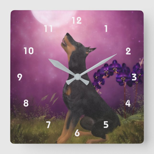 Doberman Pinscher Looking At Moon Animal Art Square Wall Clock (Front)