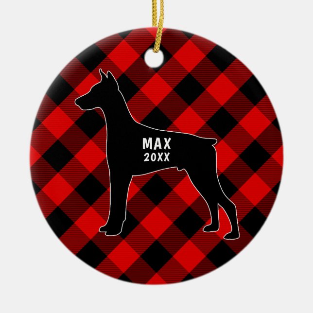Doberman Pinscher Plaid Christmas Ornament (Front)