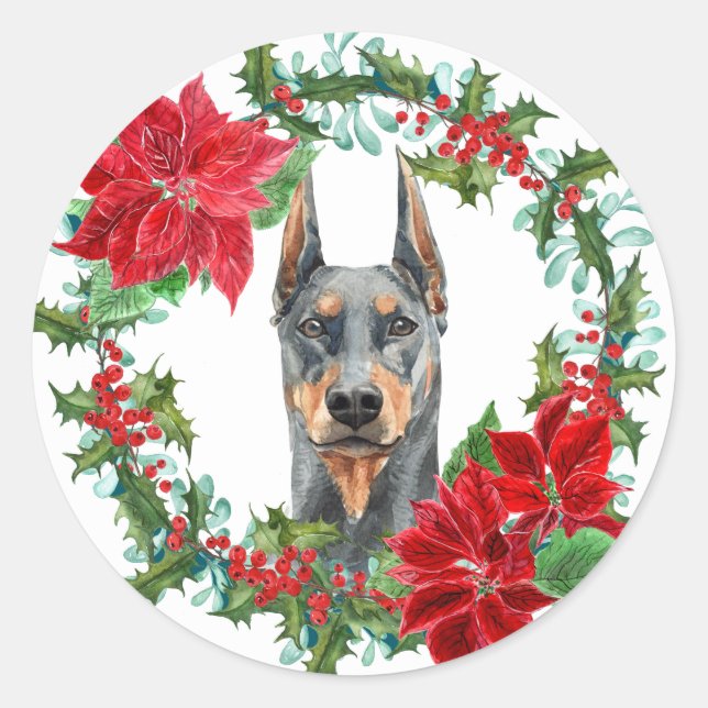 Doberman Pinscher Poinsettia Holly Holiday Wreath Classic Round Sticker (Front)