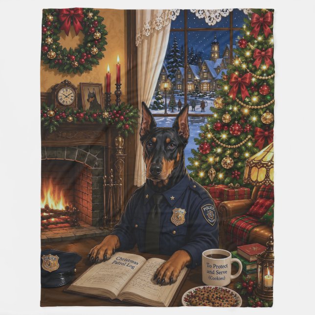 Doberman Pinscher Police Holiday Fleece Blanket (Front)