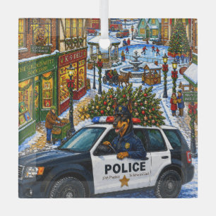 Doberman Pinscher Police Holiday Glass Tree Decoration
