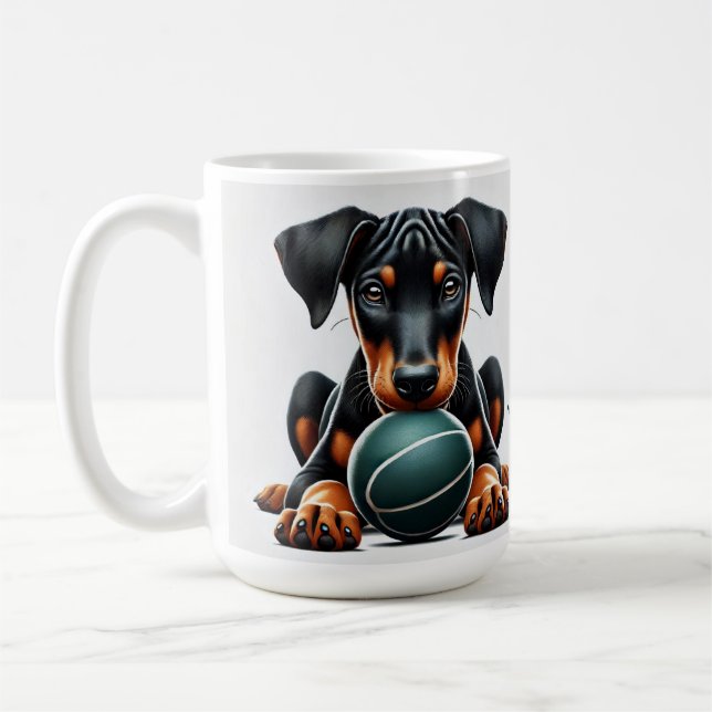 Doberman Pinscher Puppy Holding a Ball  Coffee Mug (Left)