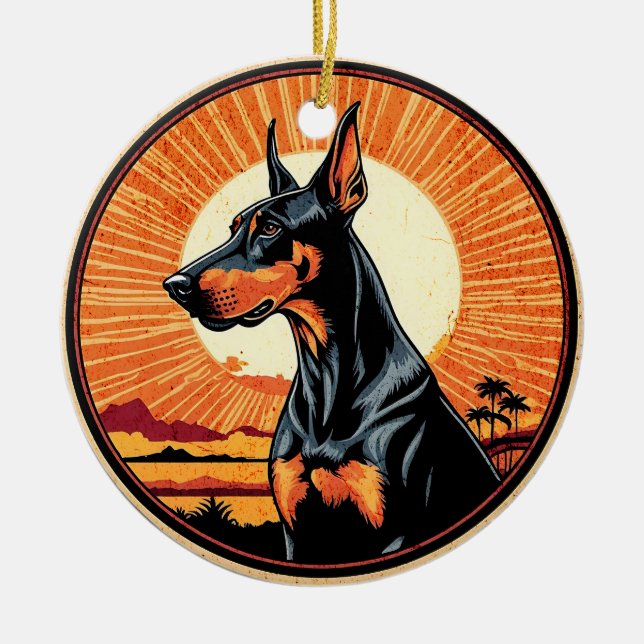 Doberman Pinscher Retro Sunset Dog Lover Ceramic Tree Decoration (Front)