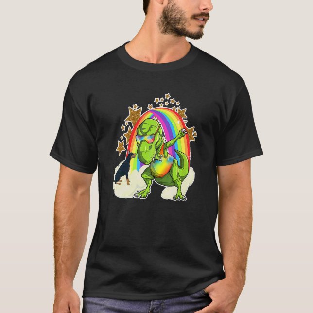 Doberman Pinscher Rides Rainbow Cloud Beside Danci T-Shirt (Front)