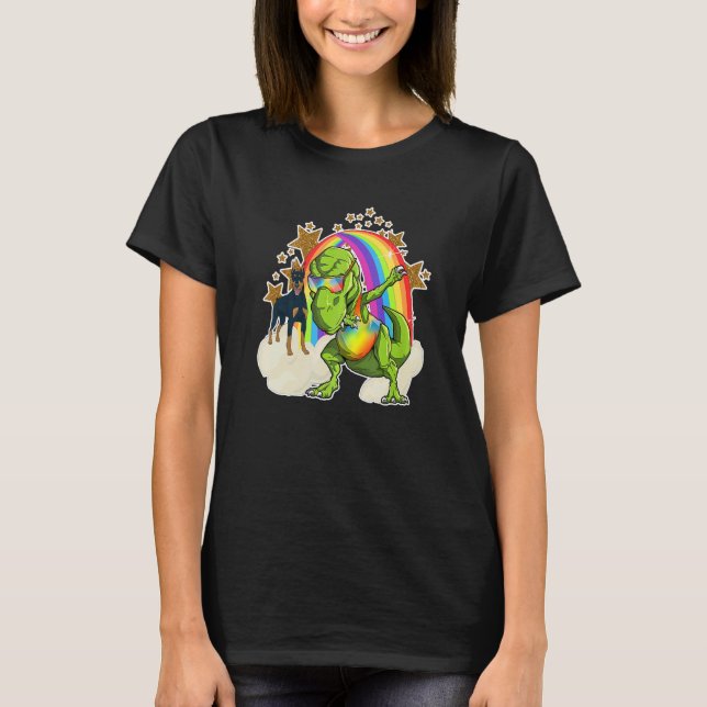 Doberman Pinscher Rides Rainbow Cloud Beside Danci T-Shirt (Front)