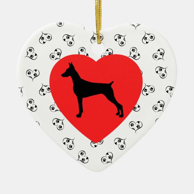 Doberman Pinscher Silhouette with Hearts Ceramic Tree Decoration (Front)