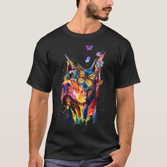 Doberman Pinscher Splash Butterflies Dog T-Shirt (Front)