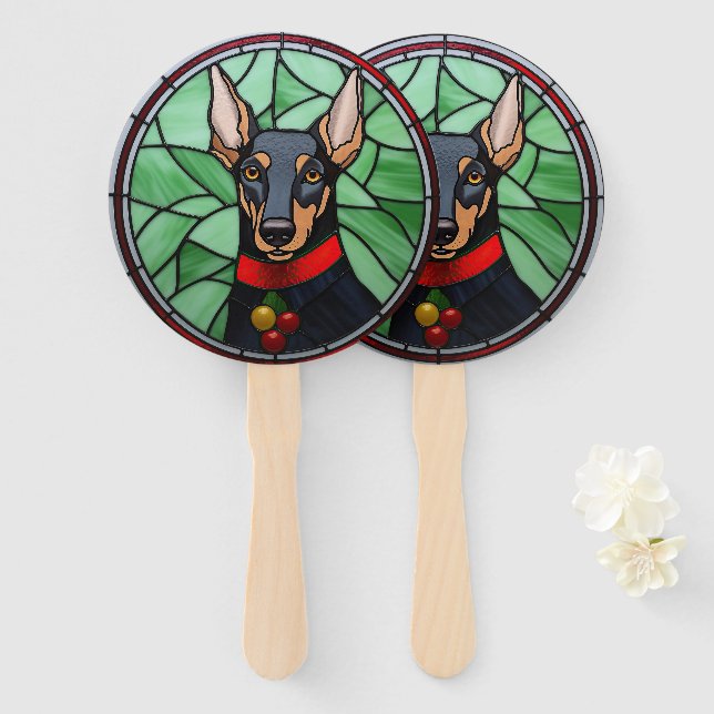Doberman Pinscher Stained Glass Christmas  Hand Fan (Front and Back)
