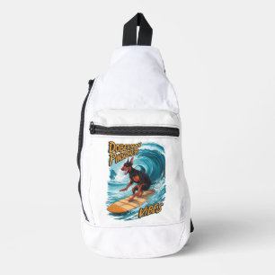 Doberman Pinscher Surfer Riding Tropical Wave Sling Bag