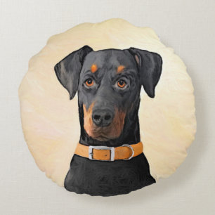 Doberman Pinscher Uncropped Painting Original Art Round Cushion