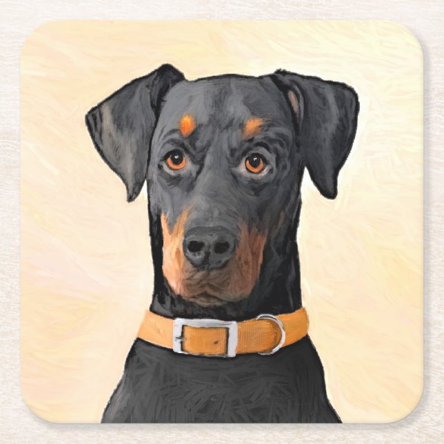 Doberman Pinscher Uncropped Painting Original Art Square Paper Coaster (Front)