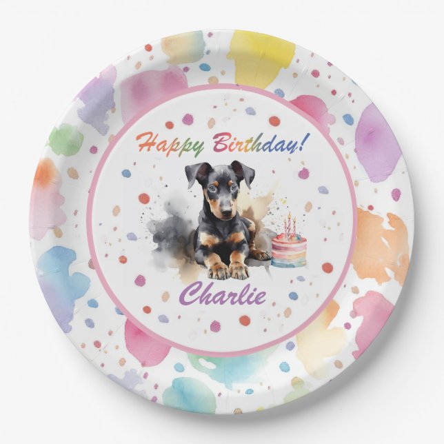 Doberman Pinscher Watercolor Paper Plate (Front)