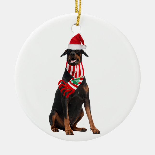 Doberman Pinscher With Hat Scaft Christmas Ceramic Tree Decoration (Front)
