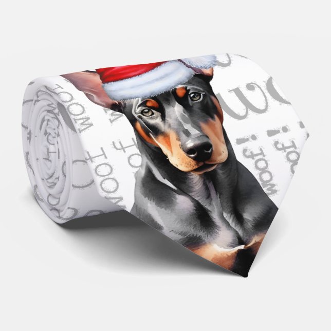 Doberman Pinscher Woof Christmas Dog Lover Tie (Rolled)