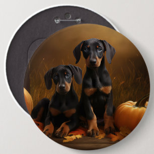Doberman Puppy Autumn Delight Pumpkin  6 Cm Round Badge