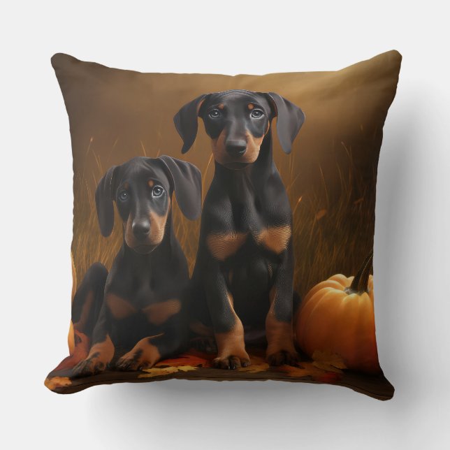 Doberman Puppy Autumn Delight Pumpkin  Cushion (Front)