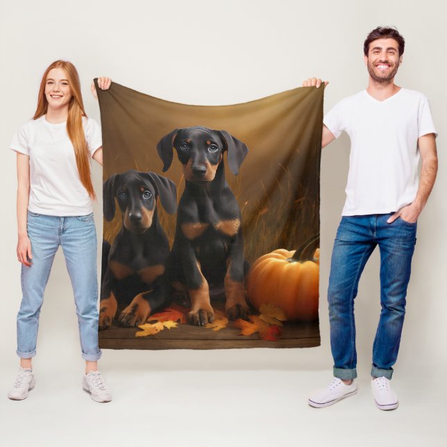 Doberman Puppy Autumn Delight Pumpkin  Fleece Blanket (In Situ)