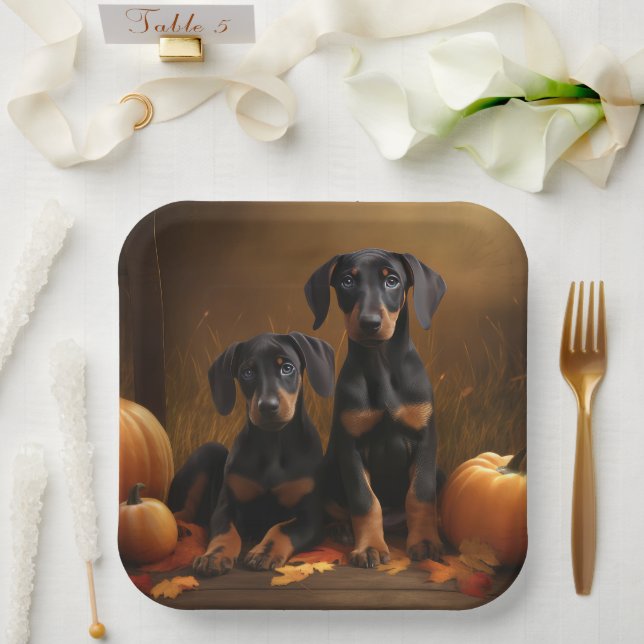 Doberman Puppy Autumn Delight Pumpkin  Paper Plate (Wedding)