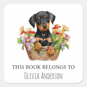 Doberman Puppy in Flower Basket This Book Belongs Square Sticker
