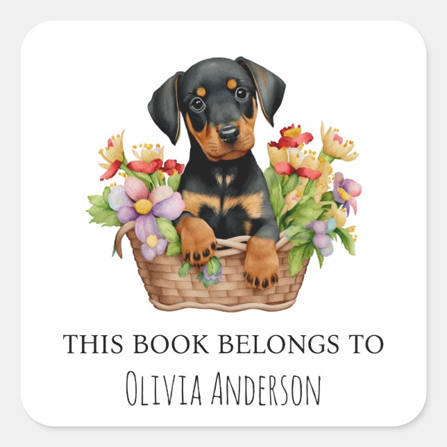 Doberman Puppy in Flower Basket This Book Belongs Square Sticker (Front)
