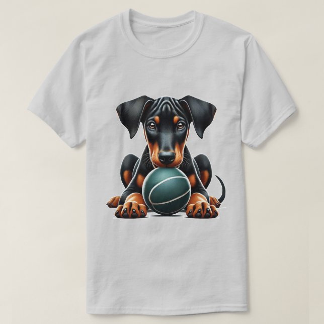 Doberman Puppy Playing with a Ball  T-Shirt (Design Front)