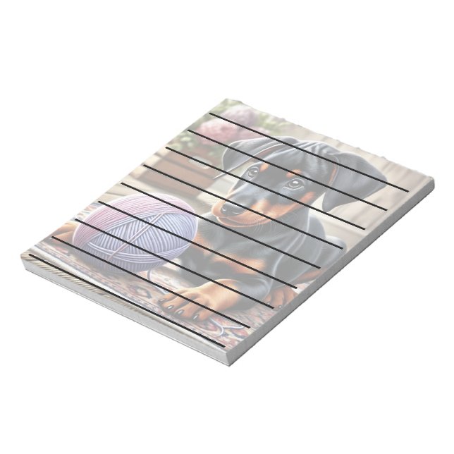 Doberman Puppy with Yarn Ball on a Colourful Rug Notepad (Rotated)