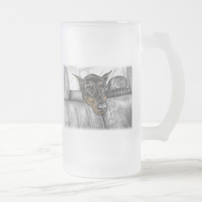 Doberman Riding in Car Frosted Glass Beer Mug (Right)