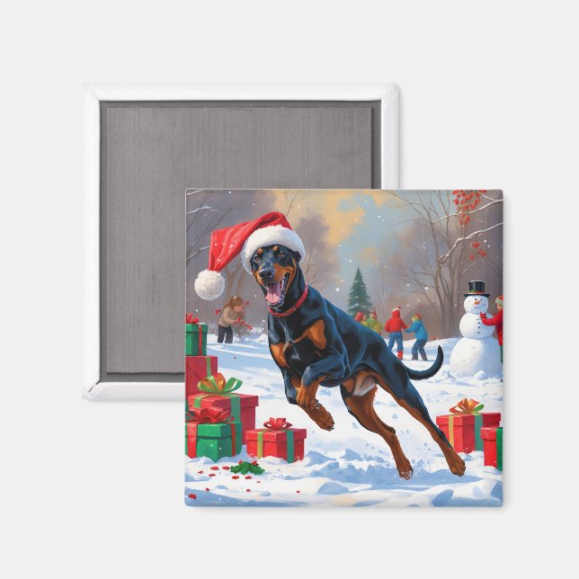 Doberman Running in Snow with Christmas Hat Magnet (Front/Back)