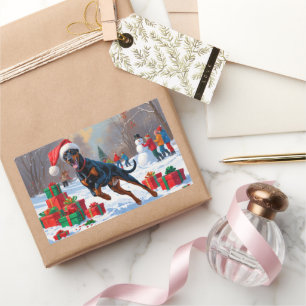 Doberman Running in Snow with Christmas Hat Rectangular Sticker
