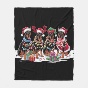 Doberman Santa hat antlers elf Christmas lights Fleece Blanket