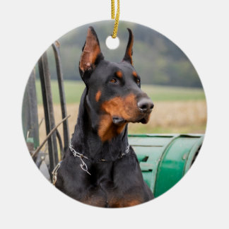 Doberman sitting in a green farm machinery ceramic tree decoration
