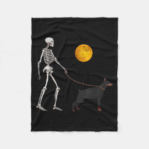 Doberman Skeleton Dog Walking Halloween Costume Fleece Blanket