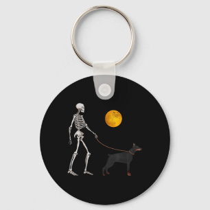 Doberman Skeleton Dog Walking Halloween Costume Key Ring