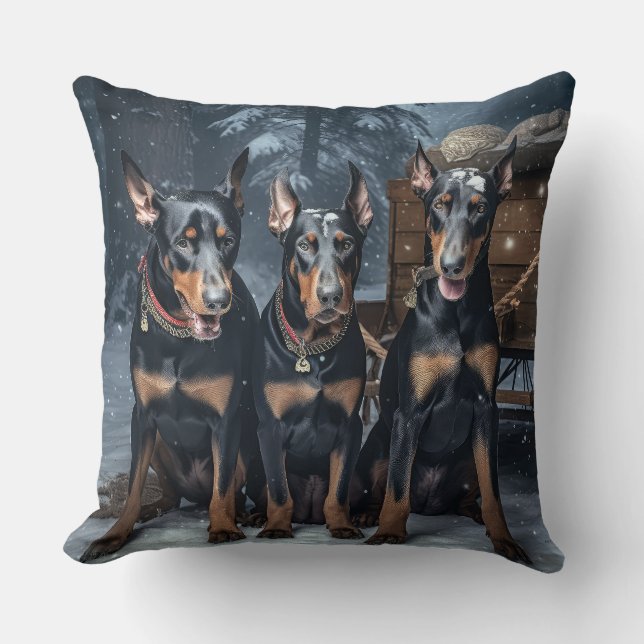 Doberman Snowy Sleigh Christmas Decor  Cushion (Front)
