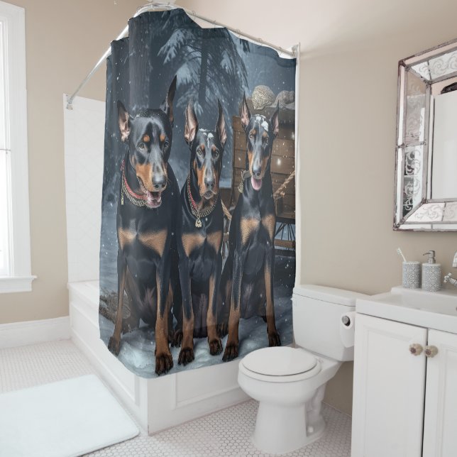 Doberman Snowy Sleigh Christmas Decor  Shower Curtain (In Situ)
