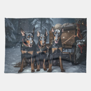 Doberman Snowy Sleigh Christmas Decor  Tea Towel