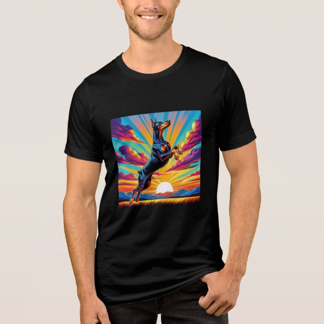 Doberman Sunset Jump Tri-Blend Shirt (Front)