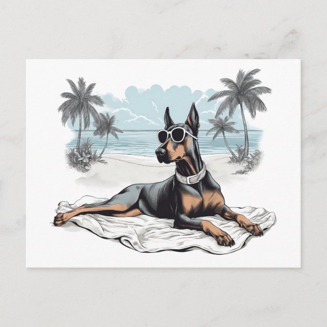 Doberman with sunglasses at the beach postcard (Front)