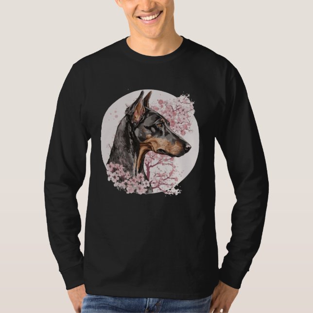 Dobermann Cherry Blossom Dog Breed Japanese Waterc T-Shirt (Front)