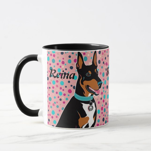 Dobermann Puppy Add Name Cute in Pink & Black Mug (Left)