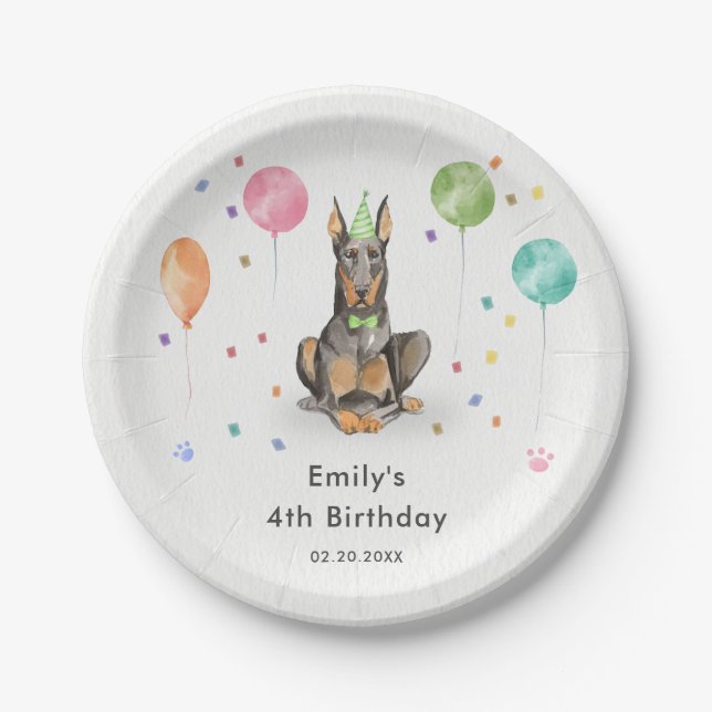 Dobermann Puppy Dog Kids Birthday Party Paper Plate (Front)