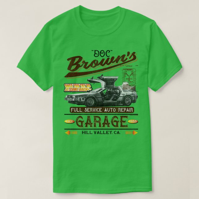 Doc Browns Auto Repair Shop Worn Lts T-Shirt (Design Front)
