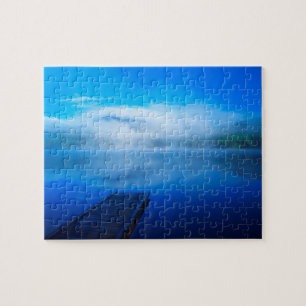 Dock on calm misty lake, California Jigsaw Puzzle