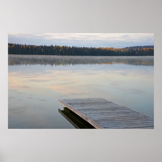 Dock on misty morning lake poster (Front)