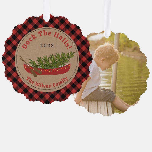 Dock The Halls Canoe Christmas Tree Photo Plaid Tree Decoration Card (Front/Back)
